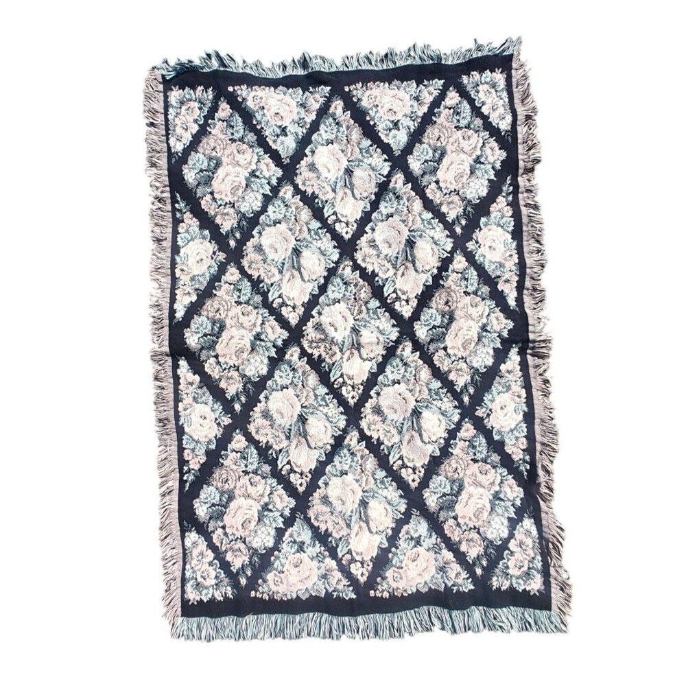 Vintage Fieldcrest Floral Woven Throw Tapestry Blanket 42x63 Black Cotton Fringe